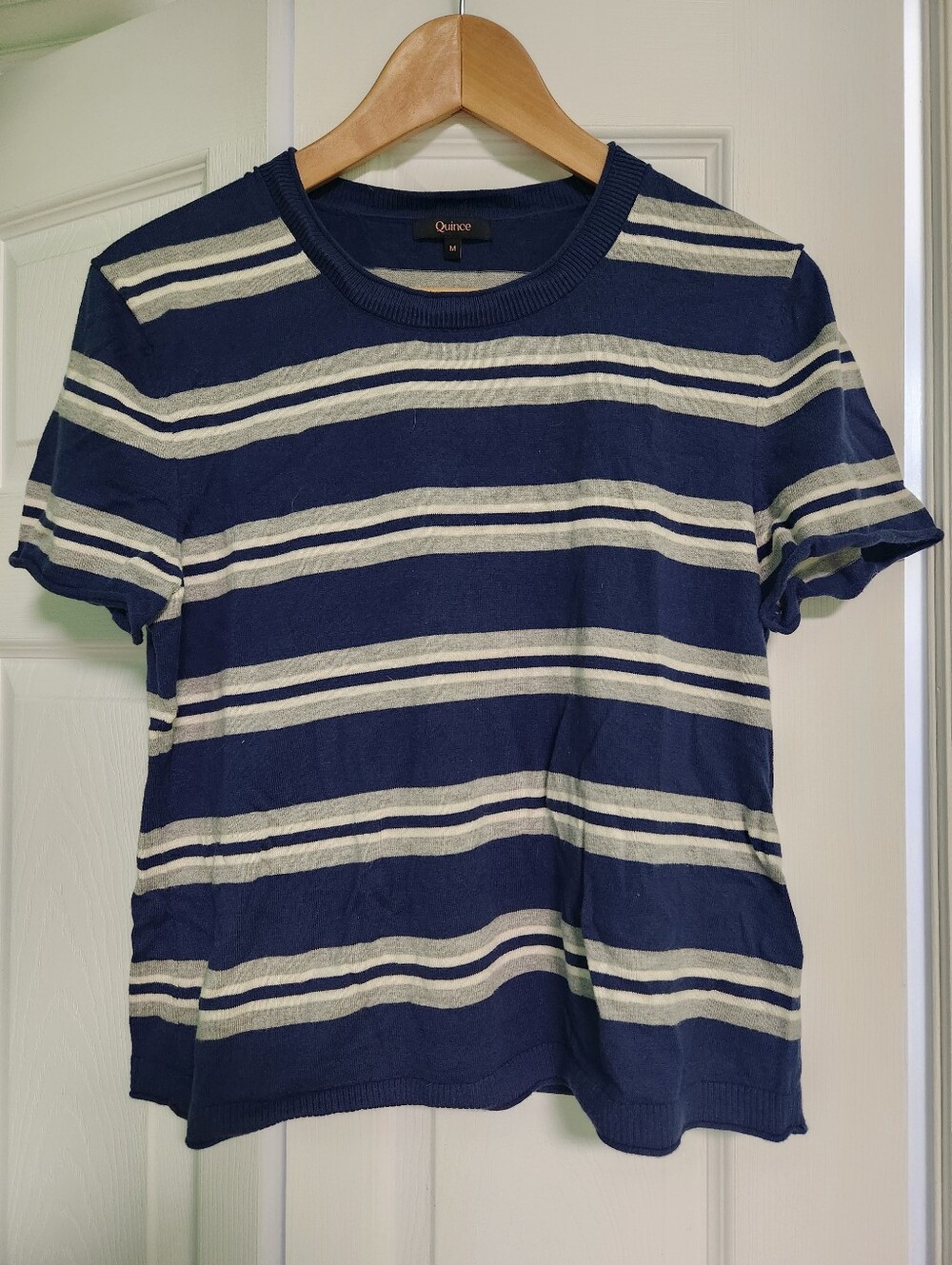 Quince Striped Navy Lightweight Relaxed Cotton Cashmere Sweater Tee MED